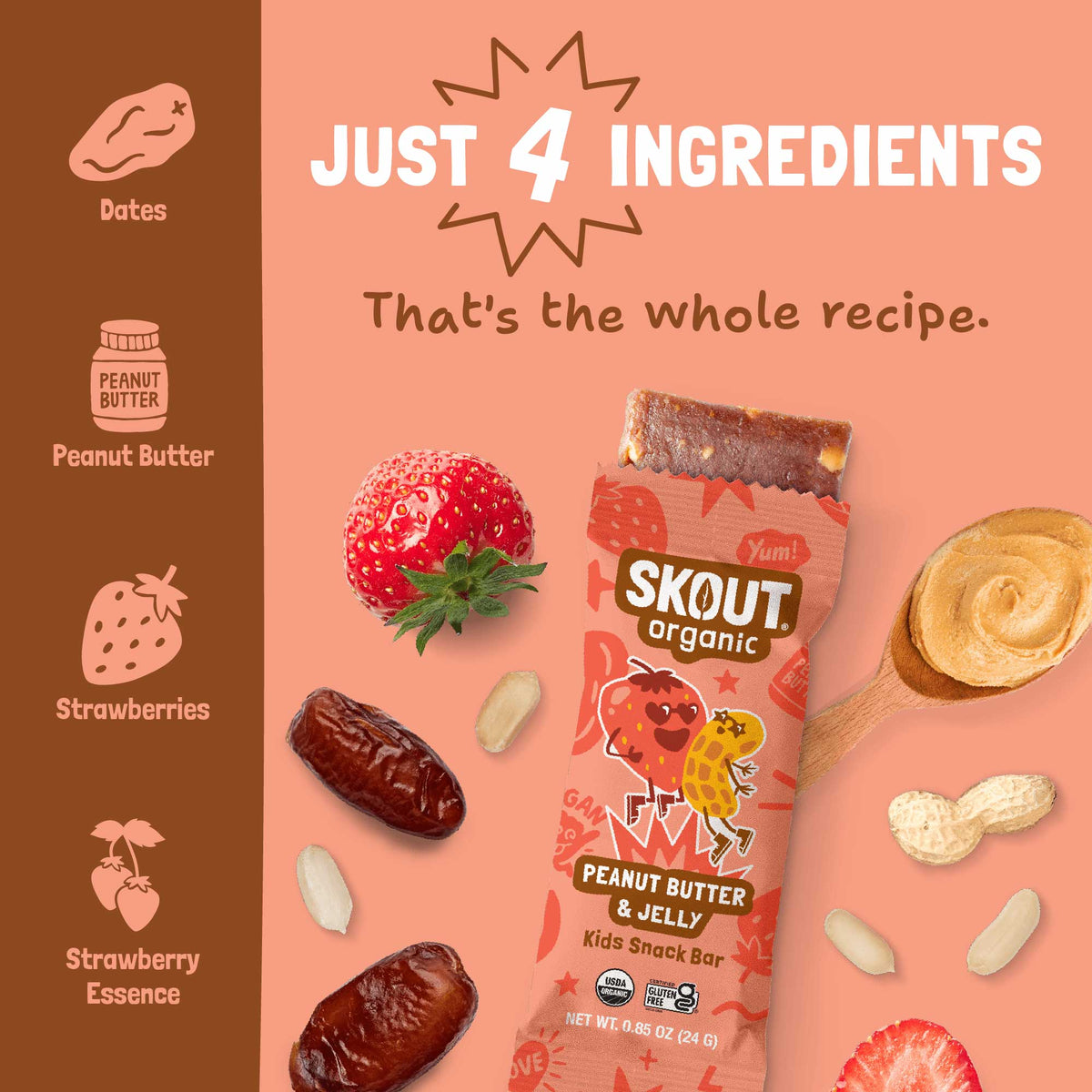Ingredient graphic showing all 4 ingredients in a Peanut Butter & Jelly Kids Snack Bar: dates, peanut butter, strawberries, and strawberry essence.