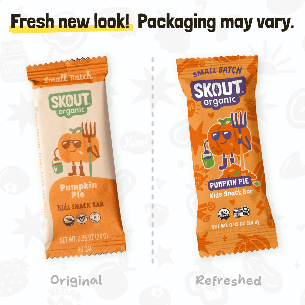 Original and refreshed Pumpkin Pie Kids Snack Bar packages shown side by side with the message, “Fresh new look! Packaging may vary”