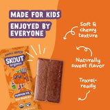 Pumpkin Pie Kids Snack Bars with callouts for soft, chewy texture, naturally sweet flavor, and travel-ready use.