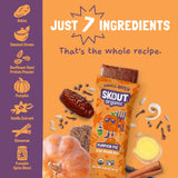 Ingredient graphic showing all 7 ingredients in Pumpkin Pie Kids Snack Bar: dates, coconut cream, sunflower seed protein powder, pumpkin, vanilla extract, cinnamon, and pumpkin spice blend.