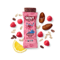 Skout Organic Raspberry Rush Kids Snack Bar in an open wrapper, surrounded by dates, raspberries, and a lemon wedge.