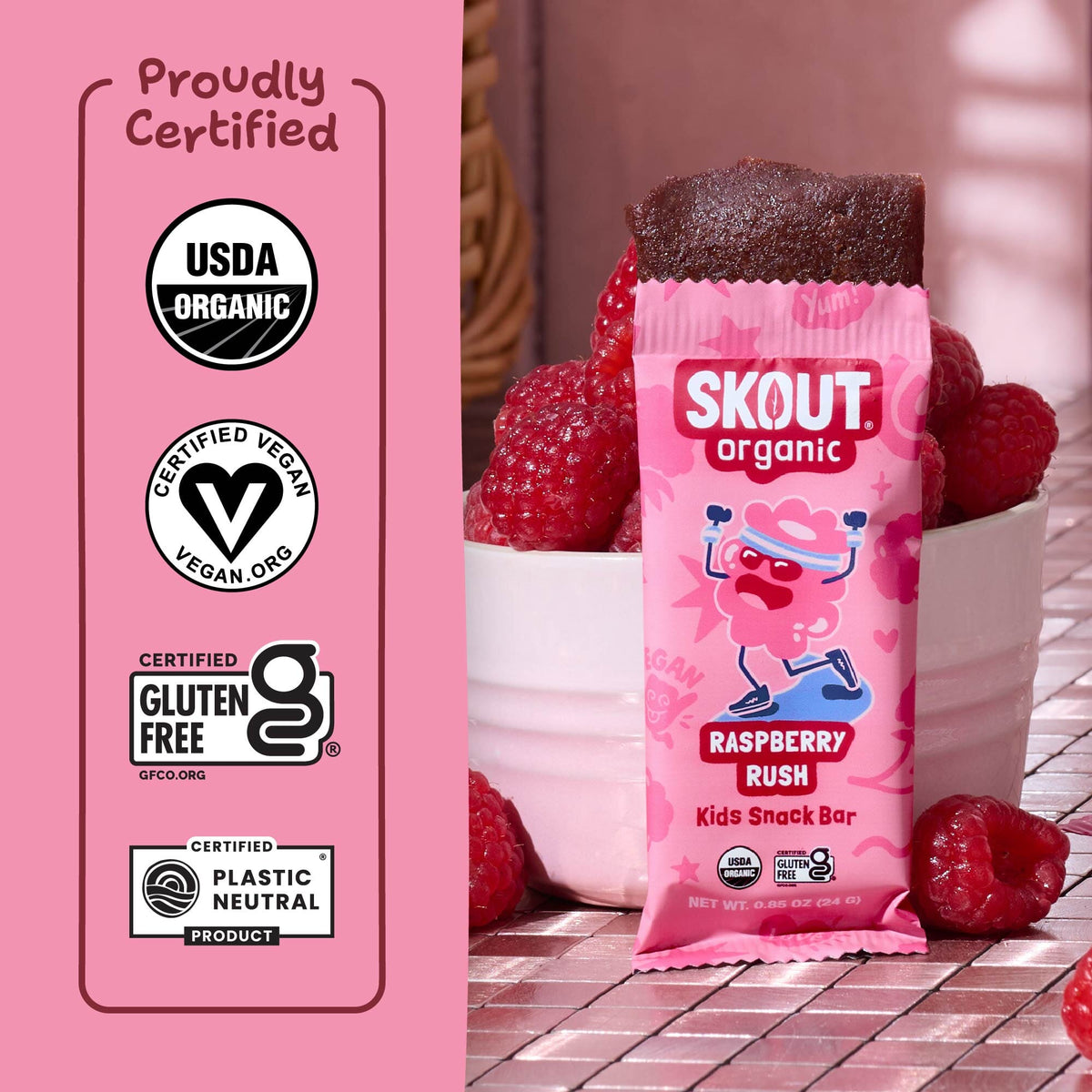Raspberry Rush Kids Snack Bar certification icons for Certified Organic, Certified Gluten-Free, Certified Vegan, and Certified Plastic Neutral.