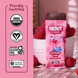 Raspberry Rush Kids Snack Bar certification icons for Certified Organic, Certified Gluten-Free, Certified Vegan, and Certified Plastic Neutral.
