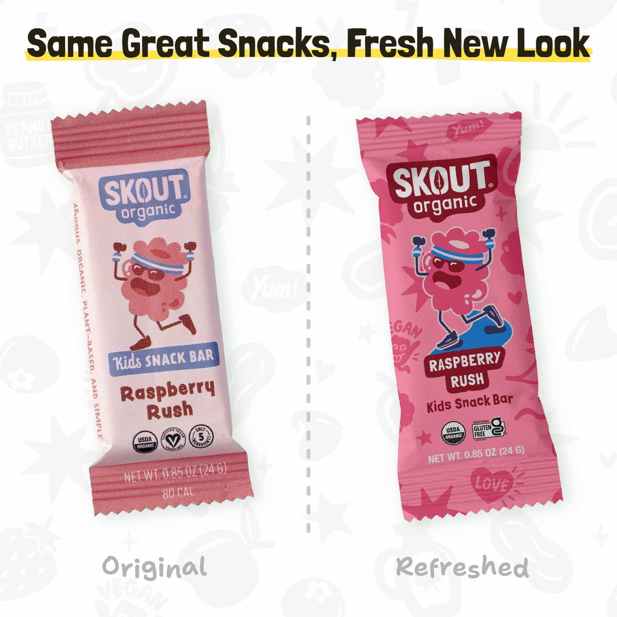 Original and refreshed Raspberry Rush Kids Snack Bar packages shown side by side with the message, “Same Great Snacks, Fresh New Look.”
