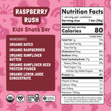 Nutrition facts and ingredient panel for Raspberry Rush Kids Snack Bar.