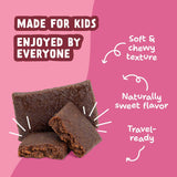Raspberry Rush Kids Snack Bars with callouts for soft, chewy texture, naturally sweet flavor, and travel-ready use.