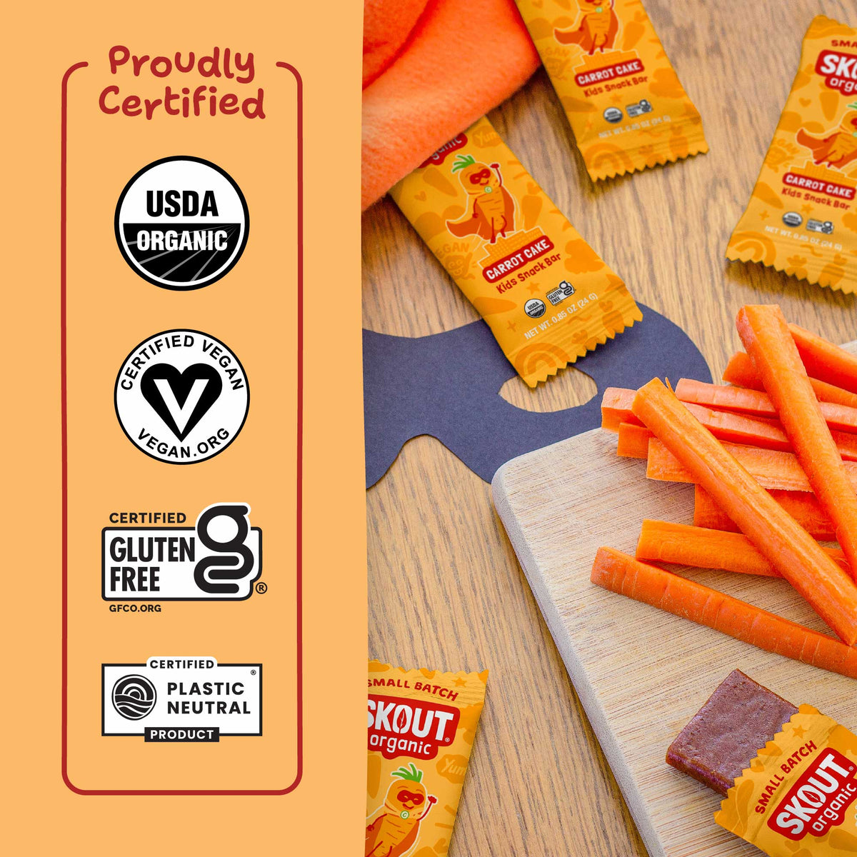 Skout Organic Carrot Cake Kids Snack Bar featuring USDA Organic, Gluten-Free, Vegan, and Plastic Neutral certifications