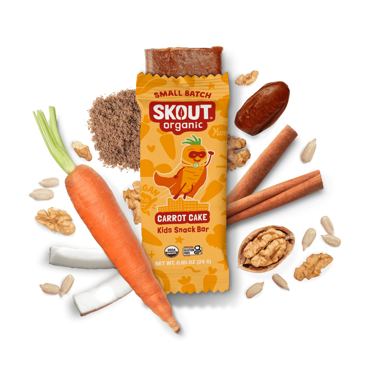 Skout Organic Small Batch Carrot Cake Kids Snack Bar with open wrapper and bar showing, surrounded by dates, carrots, walnuts, and cinnamon sticks
