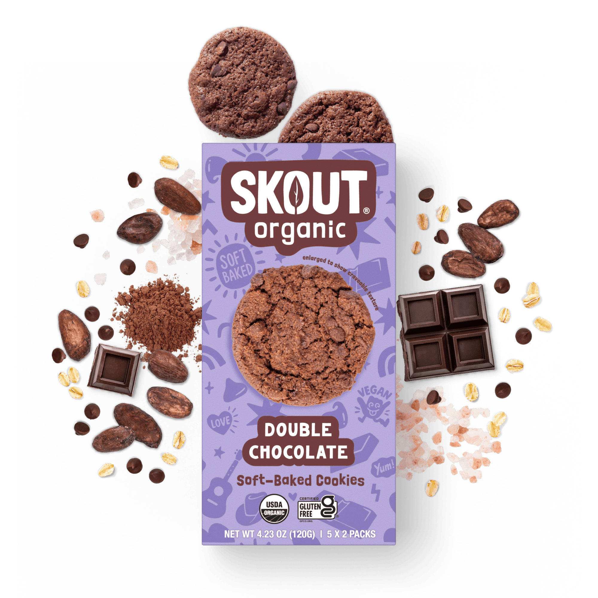 Skout Organic Double Chocolate Soft-Baked Cookies in an open box, surrounded by cocoa powder and chocolate chips.