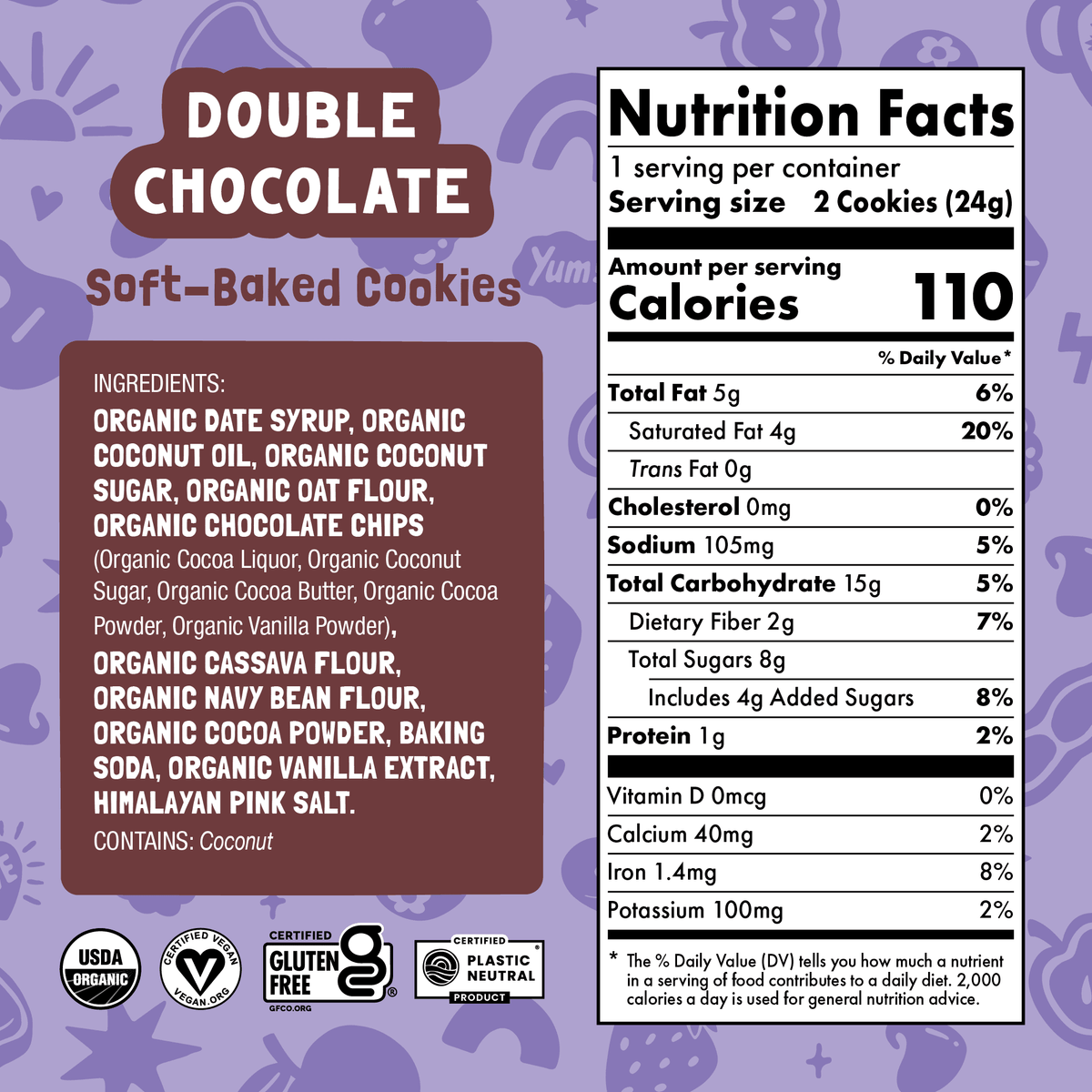 Nutrition facts and ingredient panel for Double Chocolate Soft-Baked Cookies.