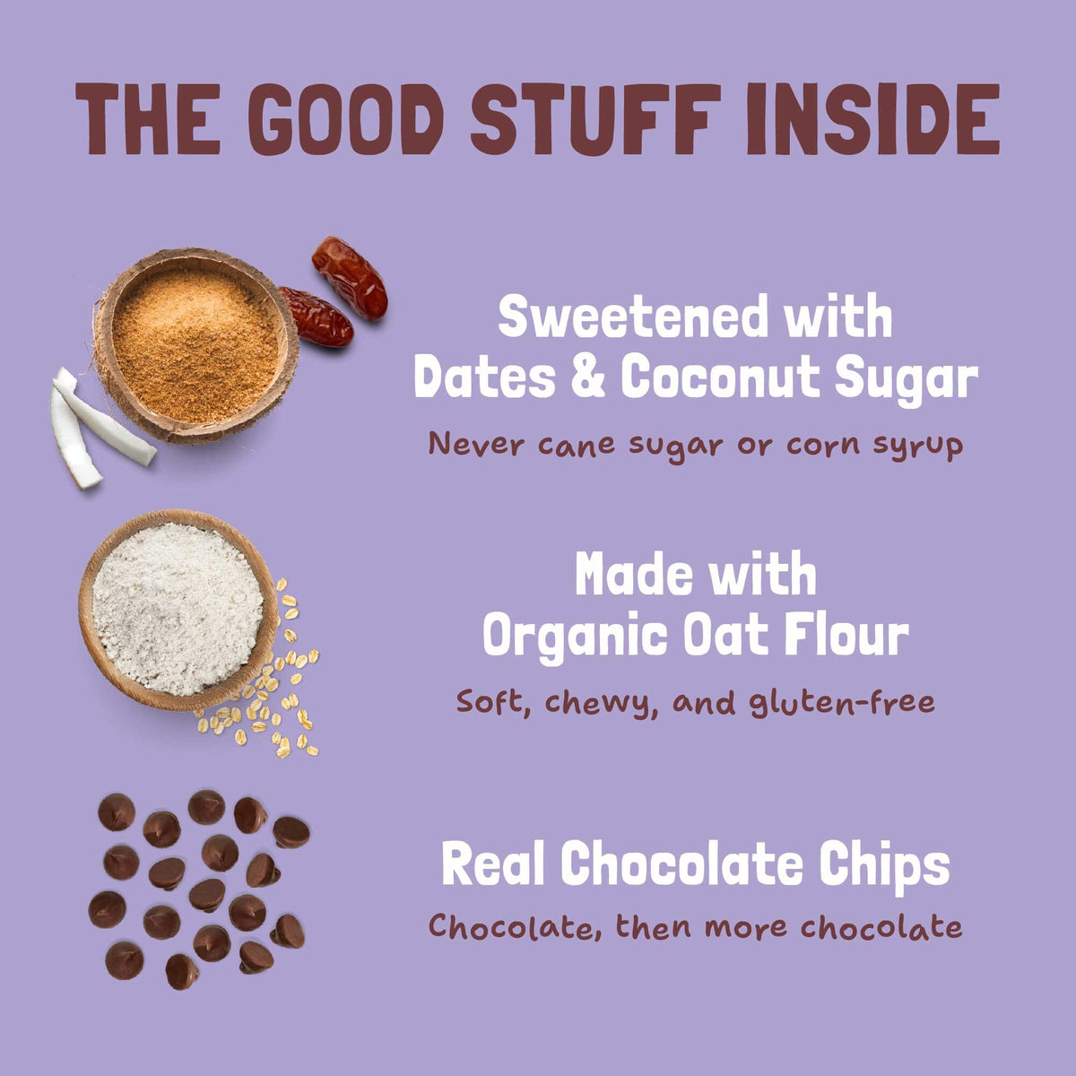Ingredient graphic for Double Chocolate Soft-Baked Cookies highlighting dates and coconut sugar, organic oat flour, and real chocolate chips.