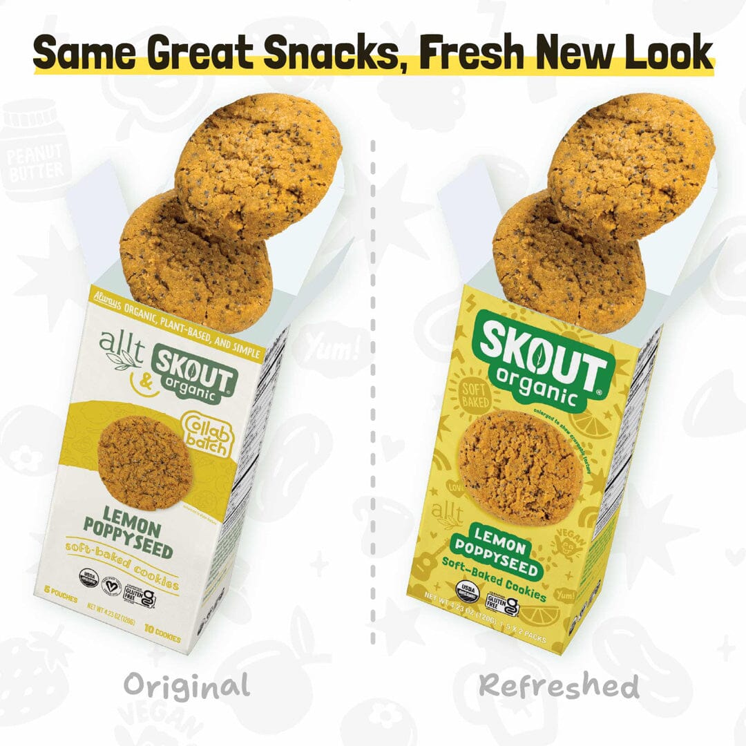 Original and refreshed Lemon Poppyseed Soft-Baked Cookie packages shown side by side with the message, “Same Great Snacks, Fresh New Look.”