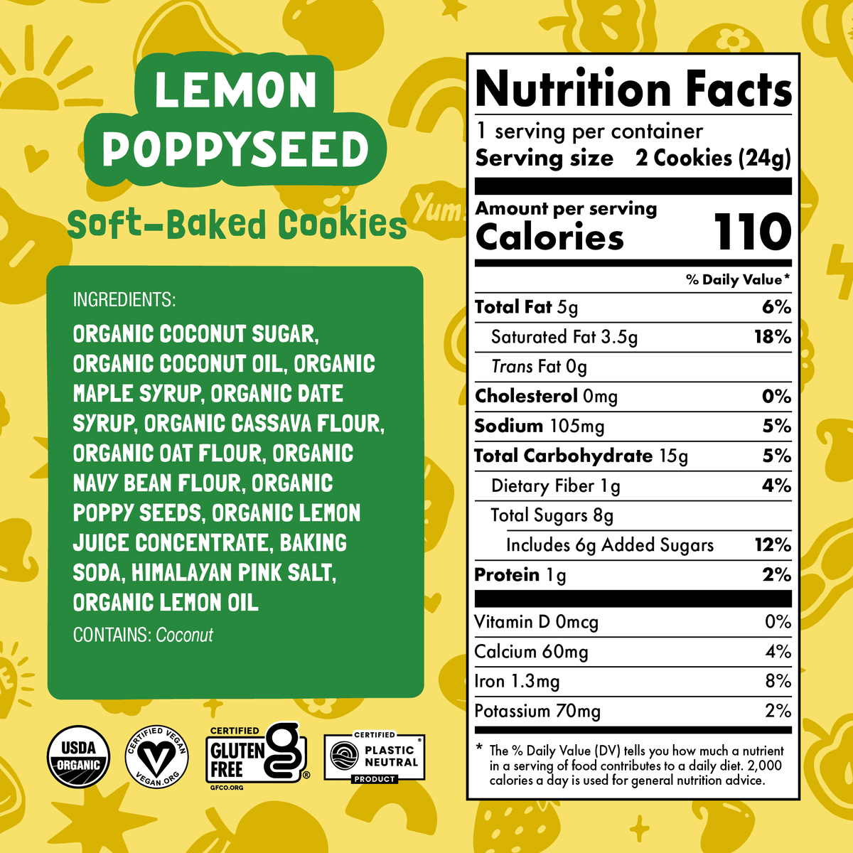 Nutrition facts and ingredient panel for Lemon Poppyseed Soft-Baked Cookies.