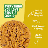 Close-up of a Lemon Poppyseed Soft-Baked Cookie with callouts for soft, chewy texture, just-sweet-enough taste, and zesty lemon.