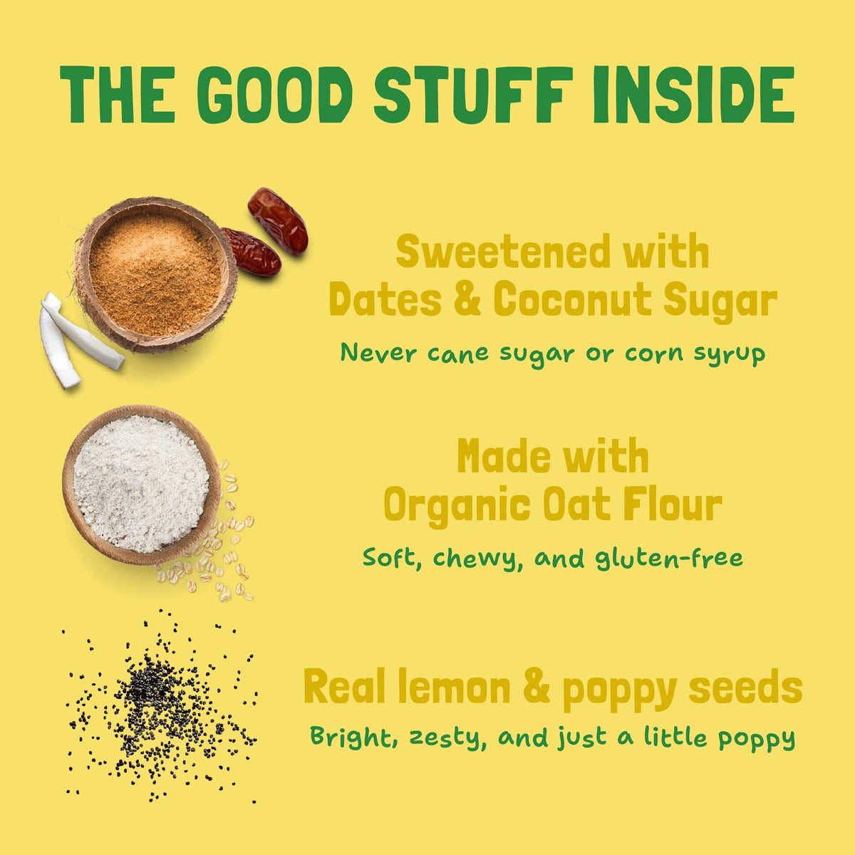 Ingredient graphic for Lemon Poppyseed Soft-Baked Cookies highlighting dates and coconut sugar, organic oat flour, and lemon and poppy seeds.
