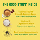 Ingredient graphic for Lemon Poppyseed Soft-Baked Cookies highlighting dates and coconut sugar, organic oat flour, and lemon and poppy seeds.
