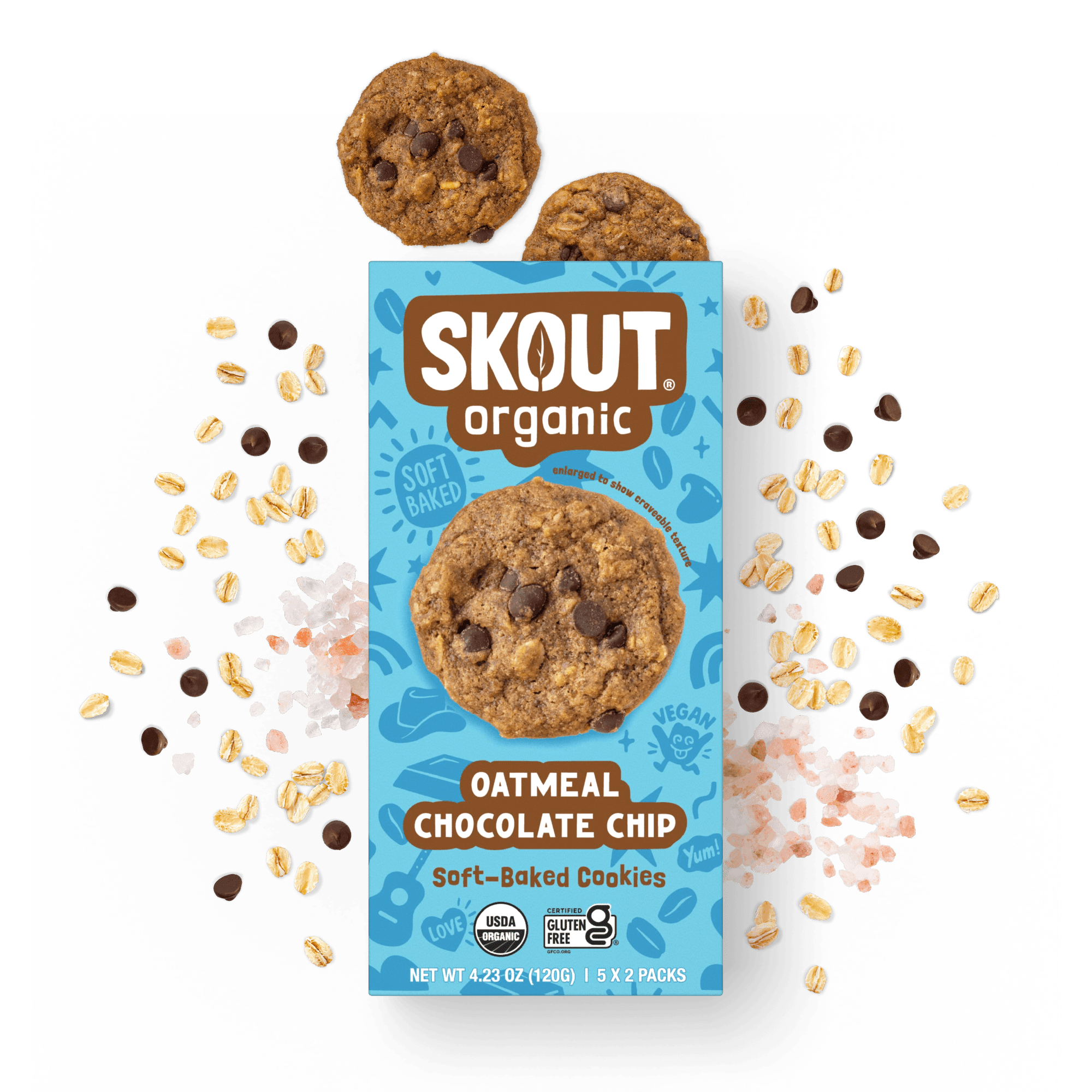 Skout Organic Oatmeal Chocolate Chip Soft-Baked Cookies in an open box, surrounded by oats and chocolate chips.