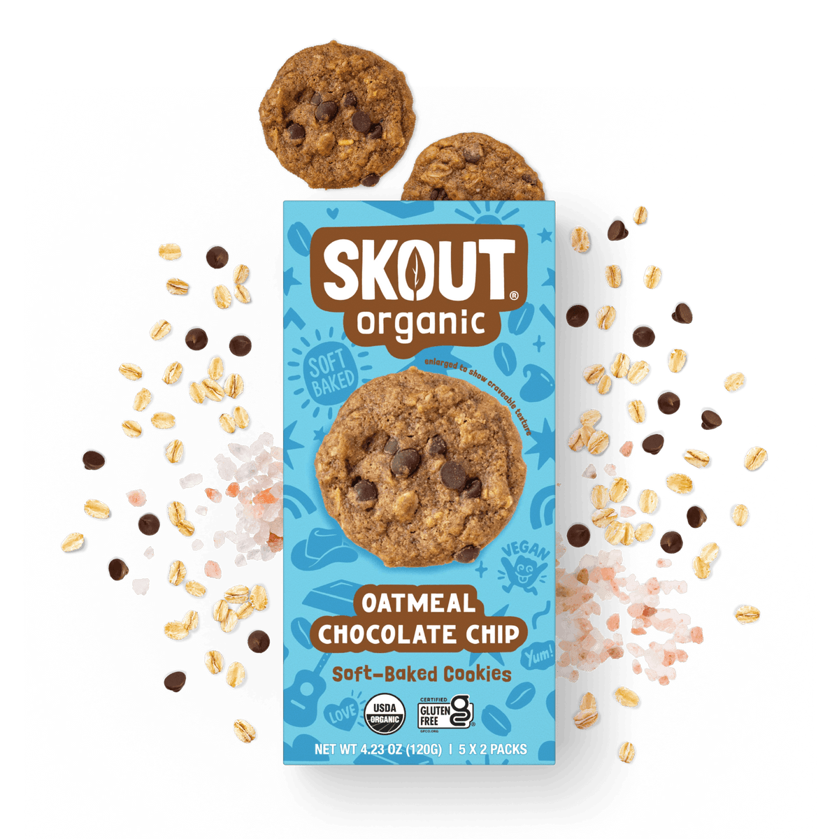 Skout Organic Oatmeal Chocolate Chip Soft-Baked Cookies in an open box, surrounded by oats and chocolate chips.