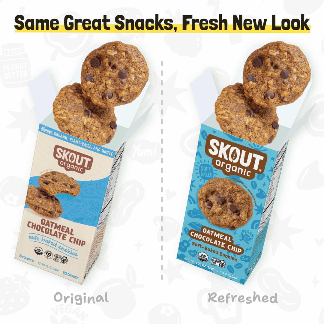 Original and refreshed Oatmeal Chocolate Chip Soft-Baked Cookie packages shown side by side with the message, “Same Great Snacks, Fresh New Look.”