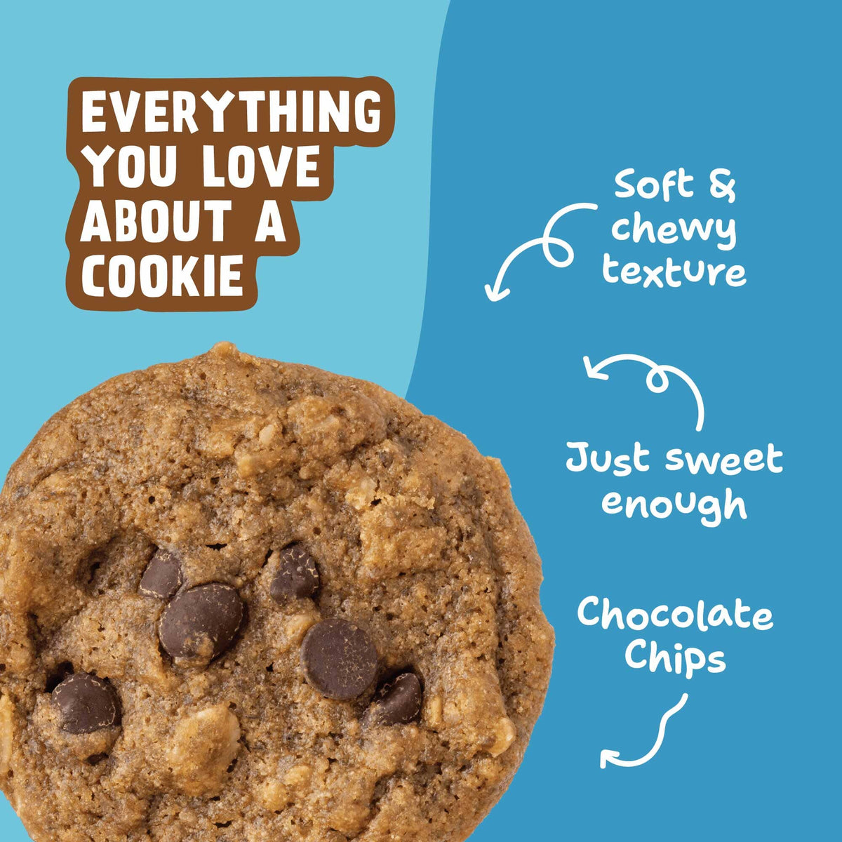 Close-up of an Oatmeal Chocolate Chip Soft-Baked Cookie with callouts for soft, chewy texture, just-sweet-enough taste, and chocolate chips.