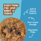 Close-up of an Oatmeal Chocolate Chip Soft-Baked Cookie with callouts for soft, chewy texture, just-sweet-enough taste, and chocolate chips.