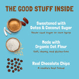 Ingredient graphic for Oatmeal Chocolate Chip Soft-Baked Cookies highlighting dates and coconut sugar, organic oat flour, and real chocolate chips.
