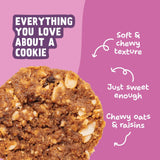 Close-up of an Oatmeal Raisin Soft-Baked Cookie with callouts for soft, chewy texture, just-sweet-enough taste, and chewy oats and raisins.