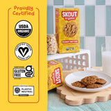 Skout Organic Peanut Butter Soft-Baked Cookies certification icons for Certified Organic, Certified Gluten-Free, Certified Vegan, and Certified Plastic Neutral.