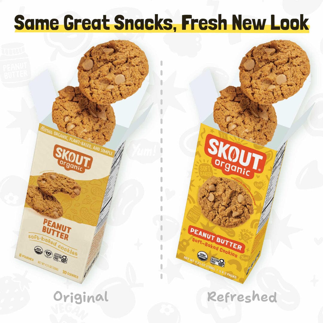 Original and refreshed Peanut Butter Soft-Baked Cookie packages shown side by side with the message, “Same Great Snacks, Fresh New Look.”
