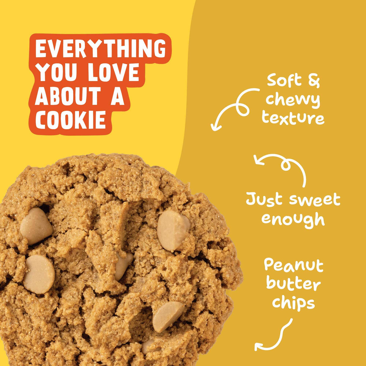 Close-up of a Peanut Butter Soft-Baked Cookie with callouts for soft, chewy texture, just-sweet-enough taste, and peanut butter chips.
