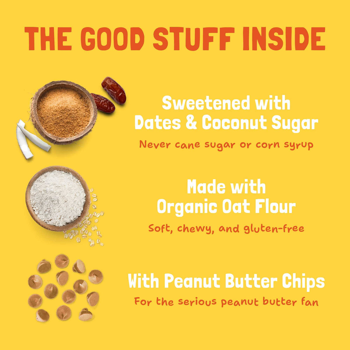 Ingredient graphic for Peanut Butter Soft-Baked Cookies highlighting dates and coconut sugar, organic oat flour, and peanut butter chips.