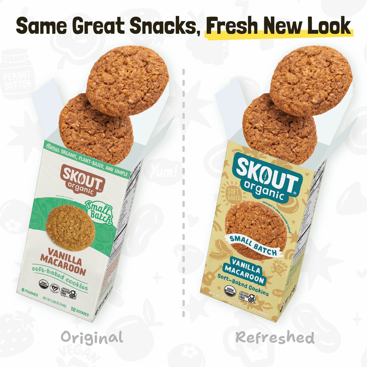 Original and refreshed Vanilla Macaroon Soft-Baked Cookie packages shown side by side with the message, “Same Great Snacks, Fresh New Look.”