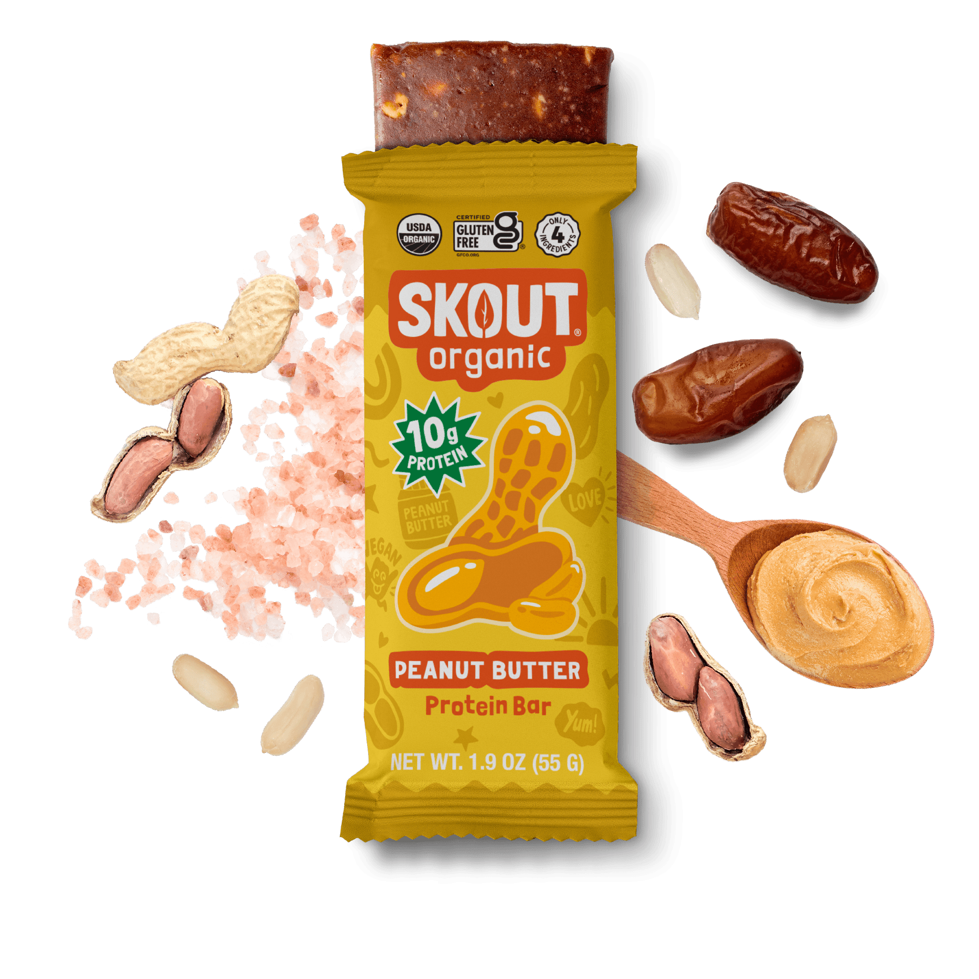 Skout Organic Peanut Butter protein bar, 10g protein, 200 calories, USDA Organic, dates and peanut butter, three-ingredient clean label