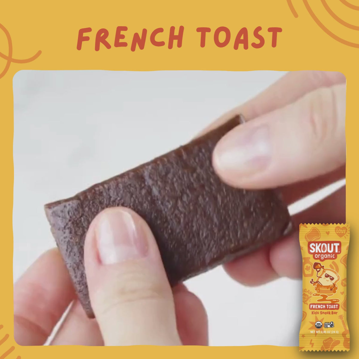 Close-up of a French Toast Kids Snack Bar being pulled apart to show its soft, chewy interior.