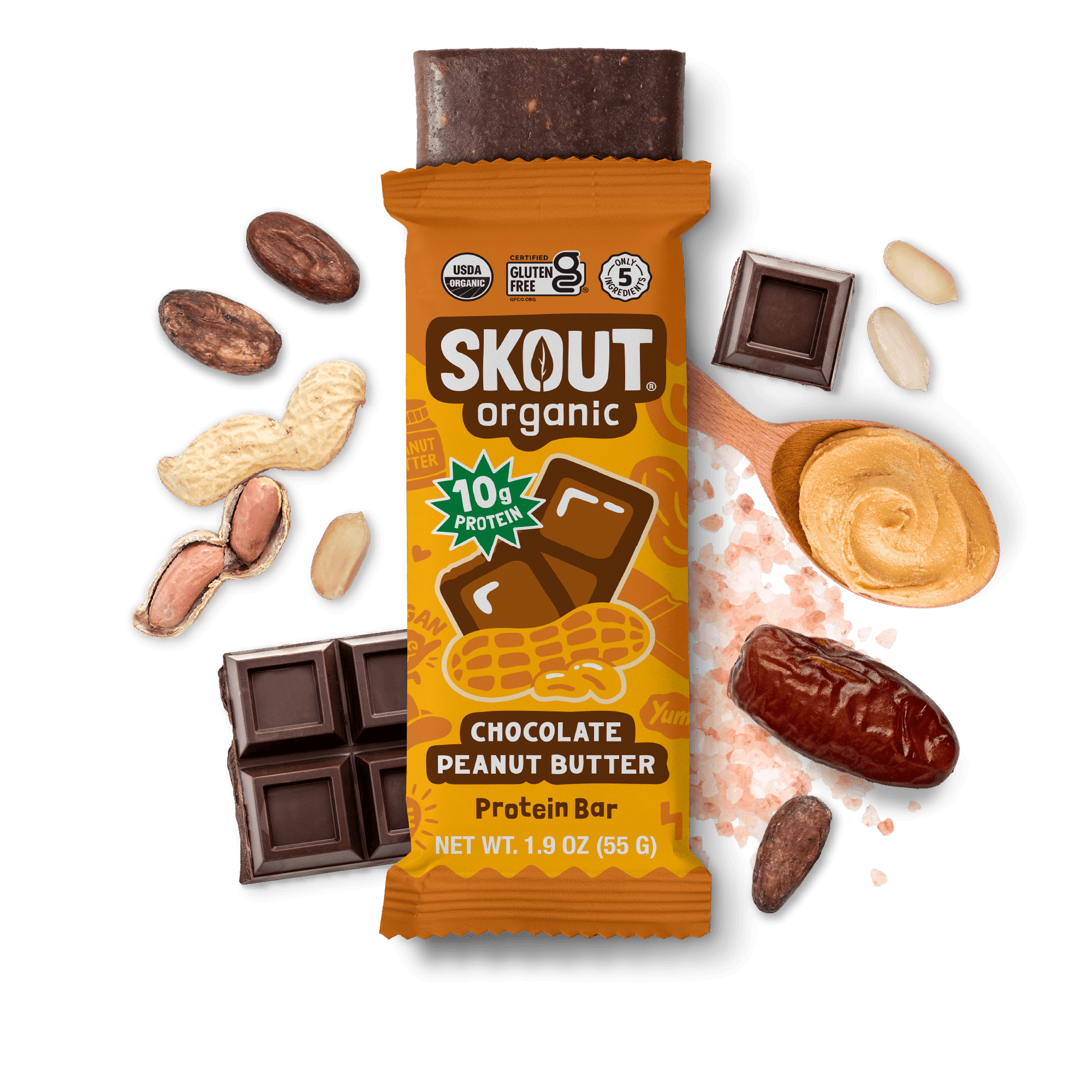 Skout Organic Chocolate Peanut Butter protein bar, 10g protein, 210 calories, USDA Organic, dates cocoa and peanut butter, no added sugar