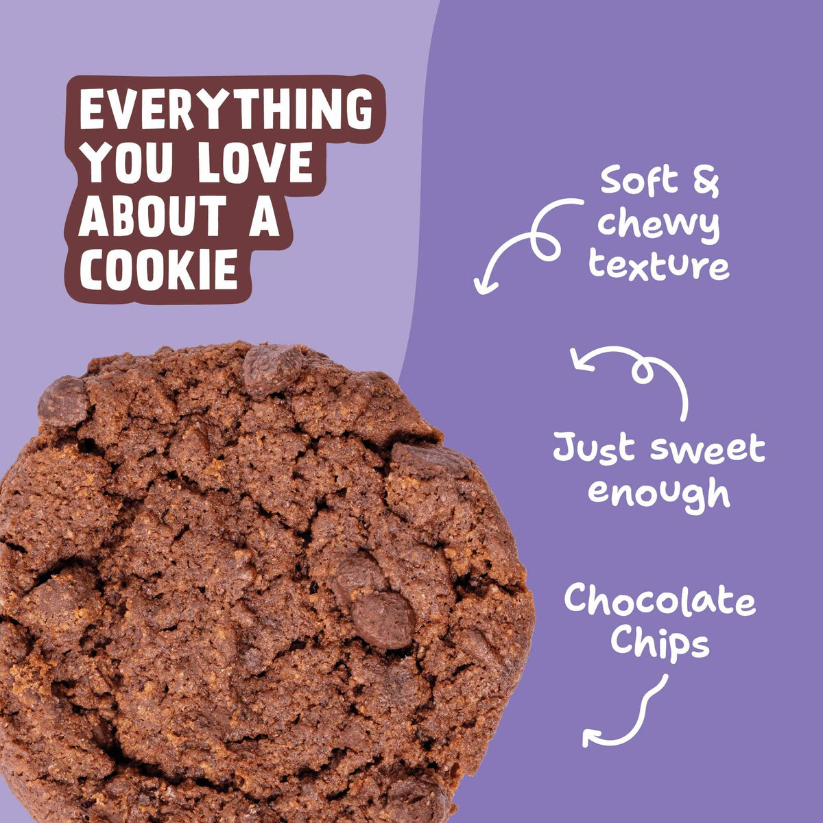 Close-up of a Double Chocolate Soft-Baked Cookie with callouts for soft, chewy texture, just-sweet-enough taste, and chocolate chips.