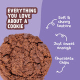Close-up of a Double Chocolate Soft-Baked Cookie with callouts for soft, chewy texture, just-sweet-enough taste, and chocolate chips.