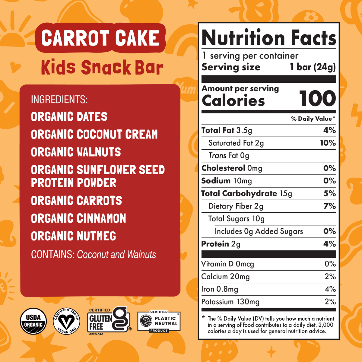 Nutrition facts and ingredients for Skout Organic Carrot Cake Kids Snack Bar — 100 calories per bar, made with organic dates, carrots, and walnuts