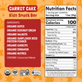 Nutrition facts and ingredients for Skout Organic Carrot Cake Kids Snack Bar — 100 calories per bar, made with organic dates, carrots, and walnuts