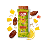 Skout Organic Small Batch Mango Mayhem Kids Snack Bar with open wrapper and bar showing, surrounded by dates, mango, sunflower seeds, and lemon