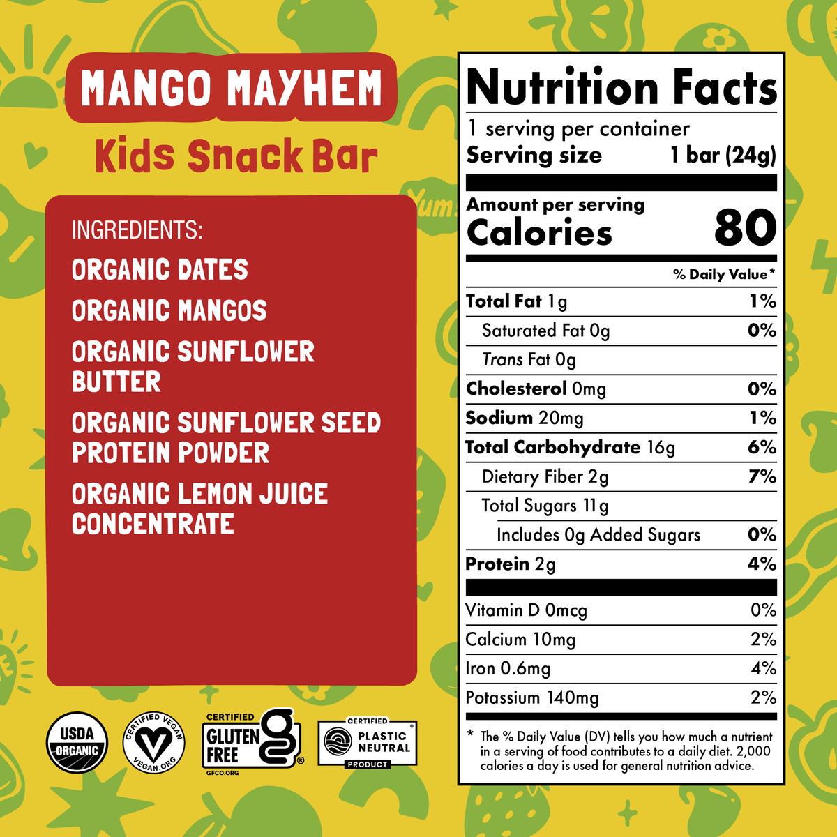 Nutrition facts and ingredients for Skout Organic Mango Mayhem Kids Snack Bar — 80 calories per bar, made with organic dates, mangos, and sunflower butter