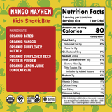 Nutrition facts and ingredients for Skout Organic Mango Mayhem Kids Snack Bar — 80 calories per bar, made with organic dates, mangos, and sunflower butter